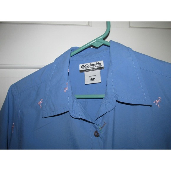 Columbia Shirt Short Sleeve Pink Flamingo Palm Trees Print Blue Color Size S - Picture 2 of 7